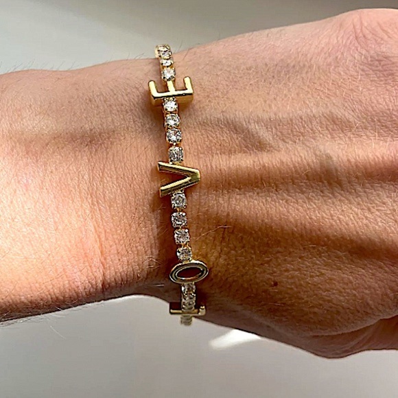 Gold Love Letter Cubic Zircon Pave Tennis Minimalist Bracelet - Picture 3 of 9